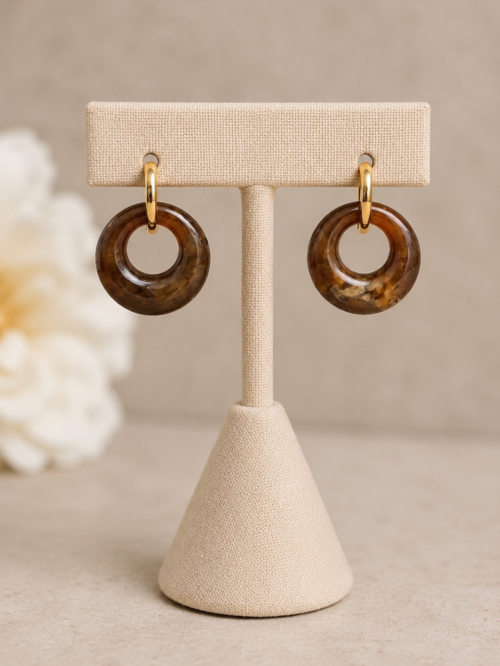 Plunder Gold Hoop Earrings with Brown Tortoiseshell Donut Drops - NIP